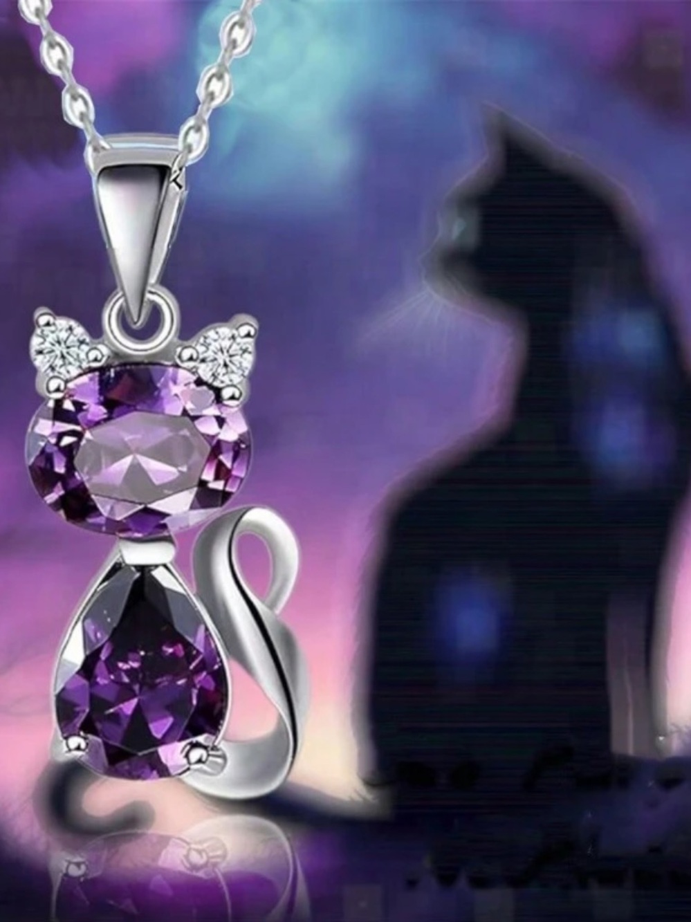 Purple Cat Crystal Pendant Necklace